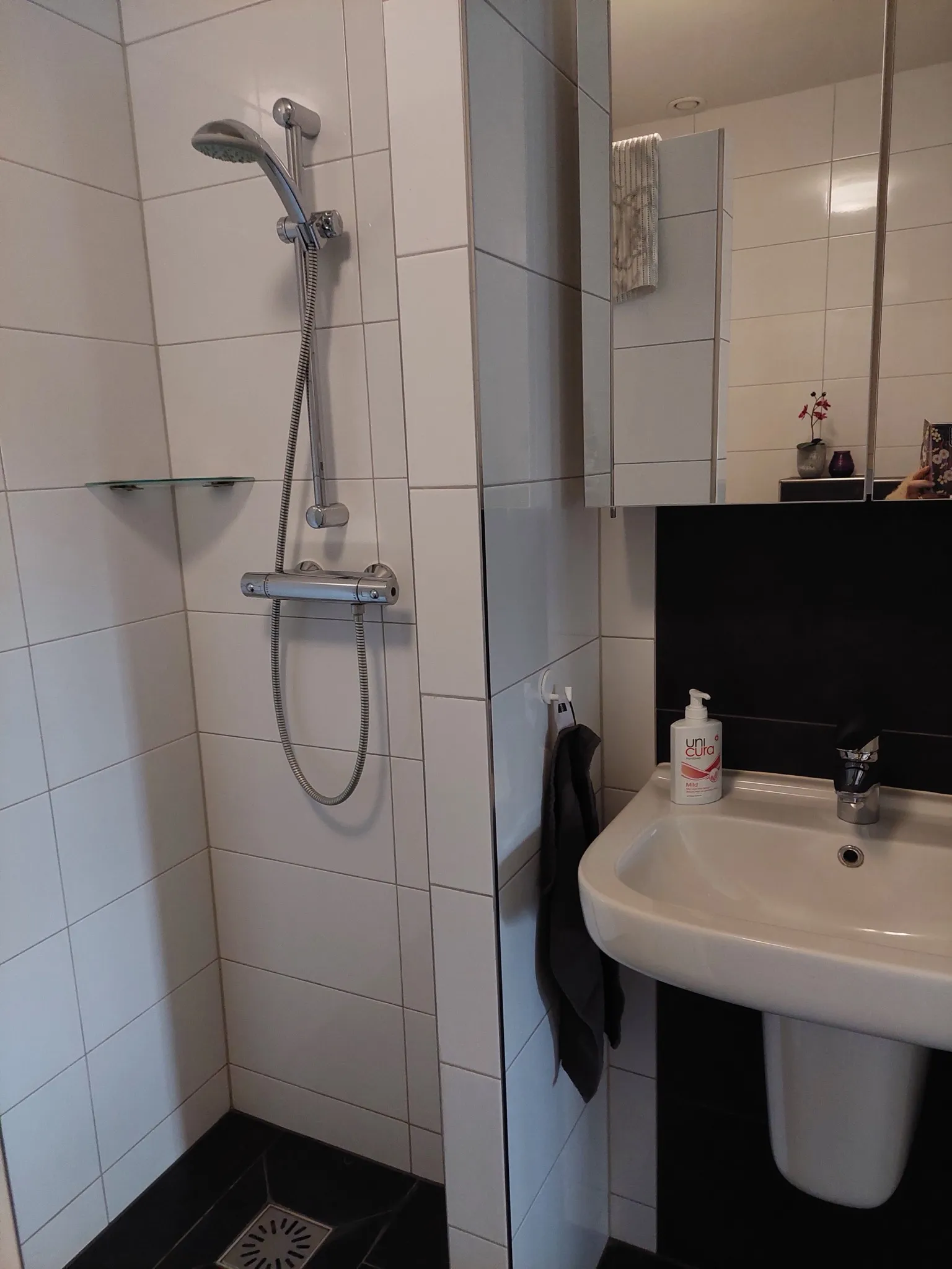 Badkamer met wastafel en douche